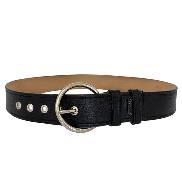 Prada Black Leather Waist Belt Round Silver-Tone Buckle Made in Italy 34 (85) - Picture 1 of 12